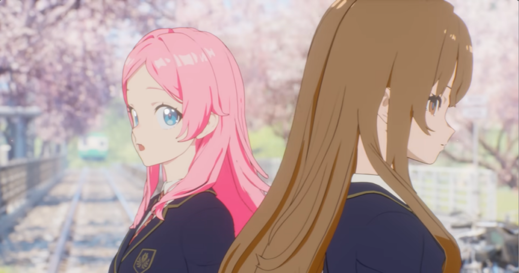 Cinev animation showcase featuring two anime-style school characters on a railway under cherry blossoms