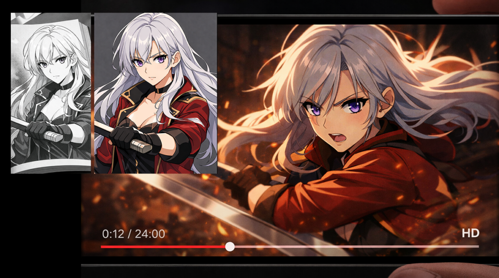 IP character moving from static illustration to finished AI animation series episode