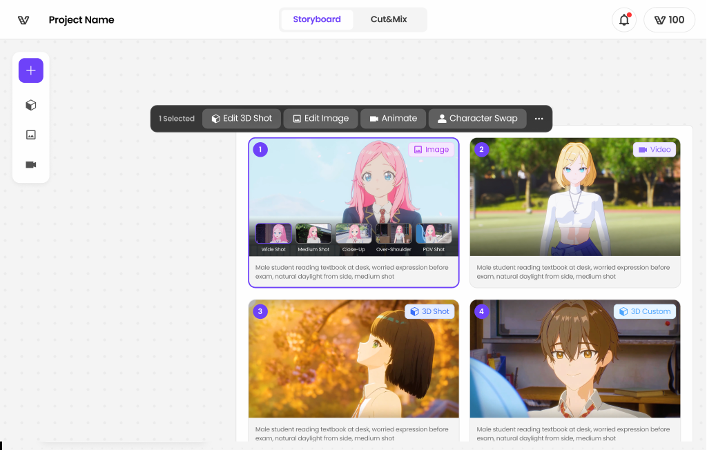 CineV storyboard canvas showing four auto-generated scene cards for a school drama, with character reference and prompt panel open on the left.